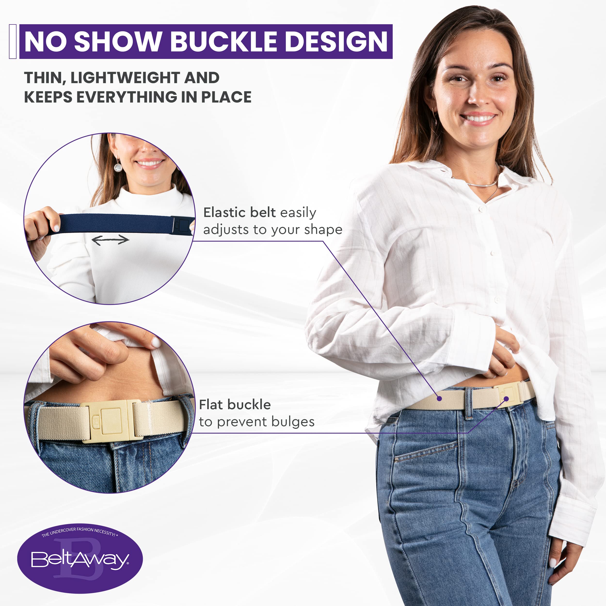 BELTAWAY Easily Adjustable No Show Elastic Belts for Women – Invisible, Flat Buckle, Buckleless Stretch Belts Soft, Non-Slip – Ideal for Jeans, Pants– Elastic, Flat Front –1.5" Width Blk-White, 16-4X