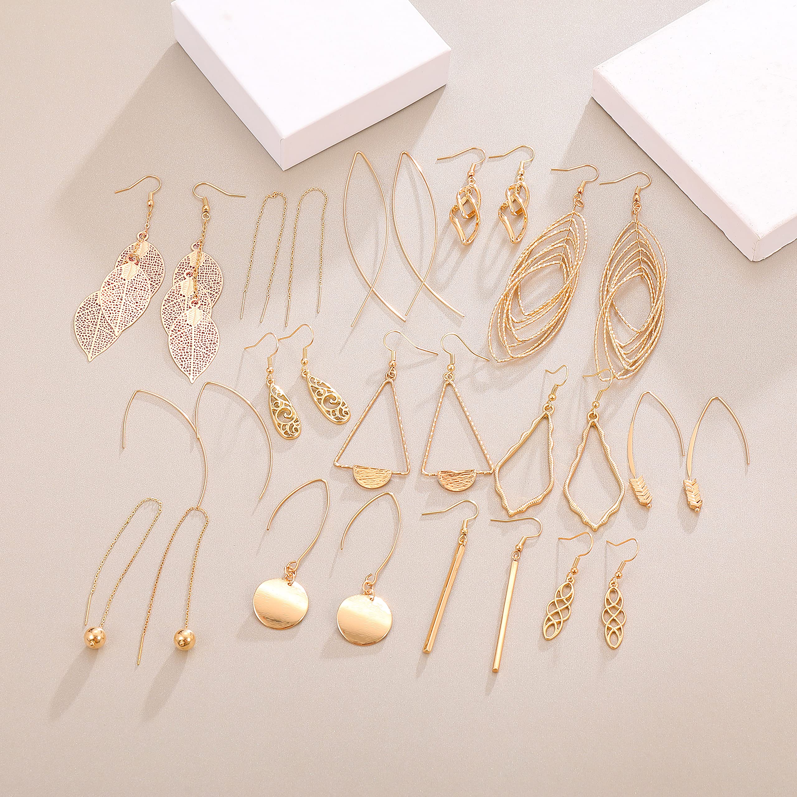 Aganippe 14 Pairs Gold Dangle Earrings for Women- Simple Drop Earrings Multipack-Curved Threader Dangle Earrings Set-Upside Down Hoop Earrings- Leaf Earrings