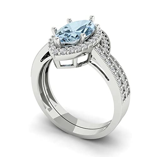 Clara Pucci 2.16ct Marquise Cut Halo Solitaire Natural Swiss Blue Topaz Engagement Anniversary Bridal Ring Band set 18k White Gold 10.5