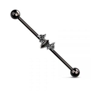 Pierced Owl 14GA Black Bat with Black Stone Body 316L Surgical Stainless Steel Industrial Cartilage Barbell