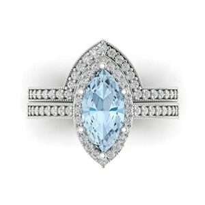 Clara Pucci 2.16ct Marquise Cut Halo Solitaire Natural Swiss Blue Topaz Engagement Anniversary Bridal Ring Band set 18k White Gold 10.5