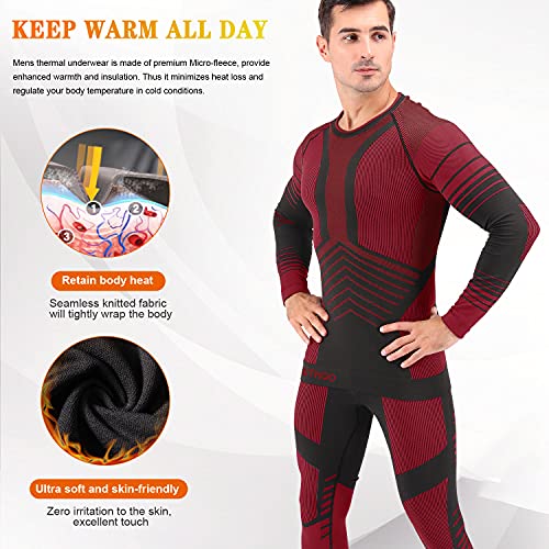 MeetHoo Men's Thermal Underwear Set Seamless Compression Base Layer Winter Gear Sports Long Johns Bottoms, Red, Large