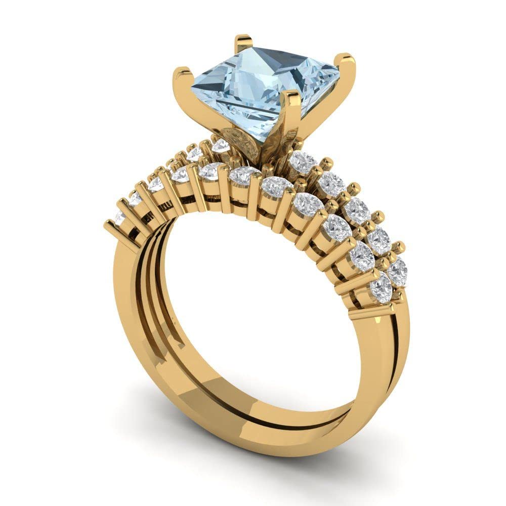 Clara Pucci 2.66ct Princess Cut Solitaire Natural Swiss Blue Topaz Engagement Anniversary Bridal Ring Band set 18k Yellow Gold 9.5