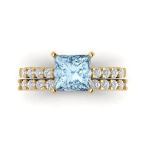 Clara Pucci 2.66ct Princess Cut Solitaire Natural Swiss Blue Topaz Engagement Anniversary Bridal Ring Band set 18k Yellow Gold 9.5