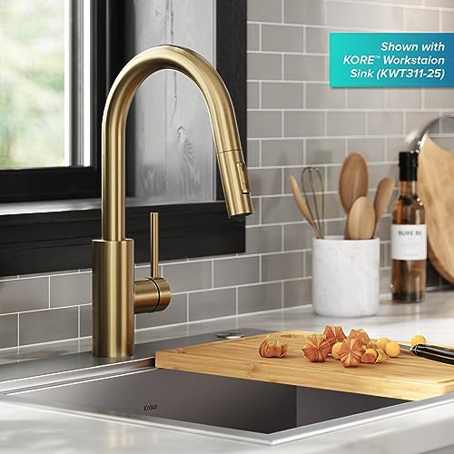 KRAUS Oletto Pull-Down Single Handle Kitchen Faucet with QuickDock Top Mount Installation Assembly in Spot Free Antique Champagne Bronze, 15 1/8 Inch, KPF-2620SFACB