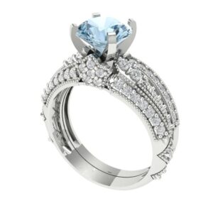 2.07ct Round Cut Pave Solitaire with Accent Natural Swiss Blue Topaz Designer Classic Ring Band Set 18k White Gold Size 5.5