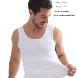 Henicepte Men Slimming Tummy Control Chest Compression Hide Gynecomastia Undershirt Shapewear White