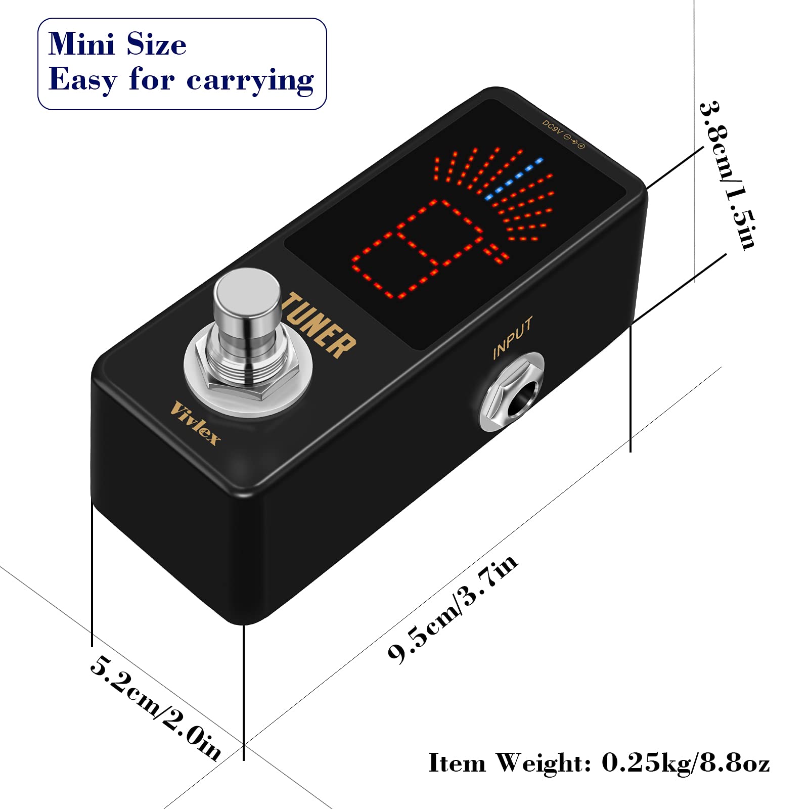 Vivlex Chromatic Tuner Pedal HD LED Display Mini Tuning Pedal for Guitar and Bass High Precision Full Metal Shell with True Bypass