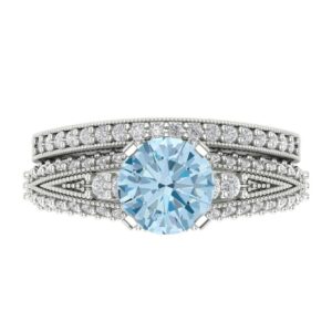 2.07ct Round Cut Pave Solitaire with Accent Natural Swiss Blue Topaz Designer Classic Ring Band Set 18k White Gold Size 5.5