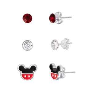 disney mickey mouse silver plated crystal stud earring set, 3 pairs - officially licensed