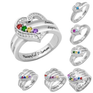 AILIN Custom Heart Mom Rings 925 Sterling Silver Personalized 1 2 3 4 5 6 7 8 Simulated Birthstone Rings Mother Day Birthday Wedding Engagement Anniversary Engraved Name Rings Gifts For Wife Grandmother Nana Women From Daughter Husband Son