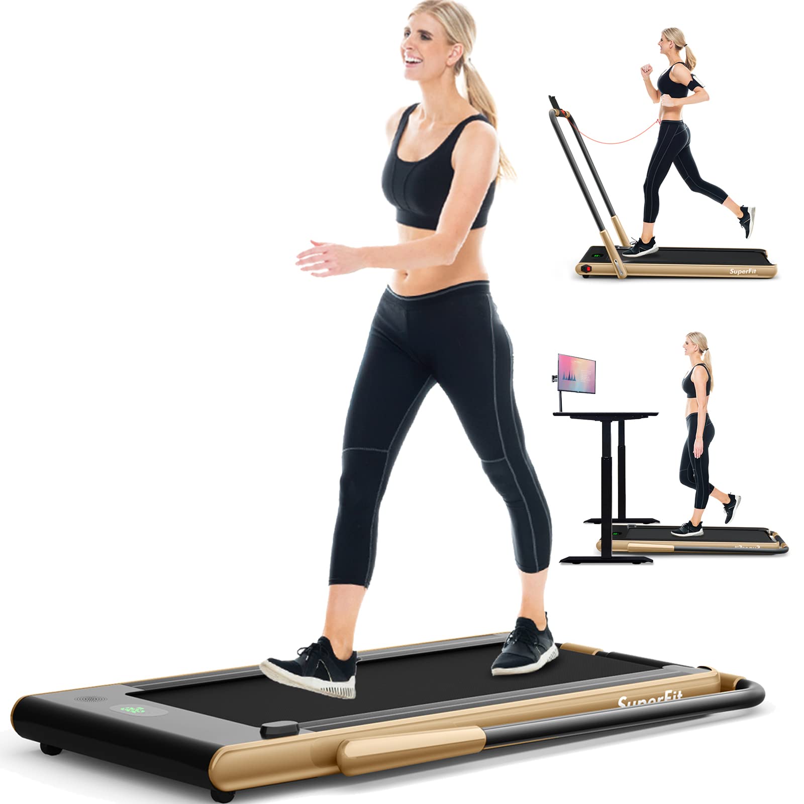 Walking Pad Treadmill Under Desk, SPORFIT 2 in 1 Treadmills Foldable with Remote Control, 2.25HP Electric Portable Superfit Treadmill Quiet for Walking Jogging Light & Compact