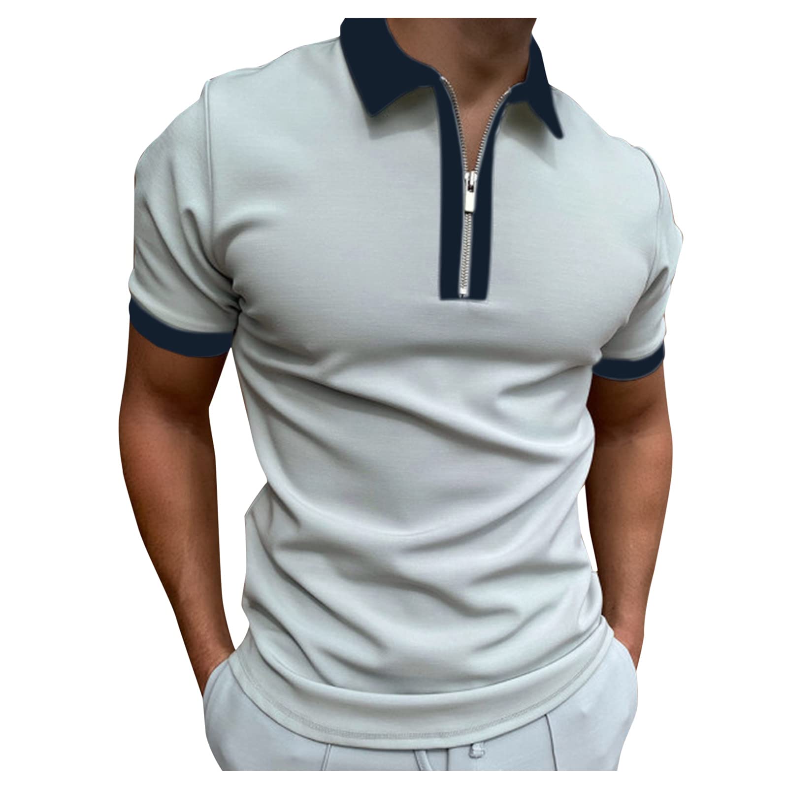 Men's Classic Short Sleeve Polo Shirt Zip Up Casual Summer Slim Fit T-Shirts Striped Graphic Printed Tops Beach Tees Gray