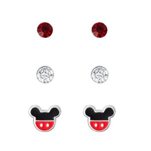 Disney Mickey Mouse Silver Plated Crystal Stud Earring Set, 3 Pairs - Officially Licensed