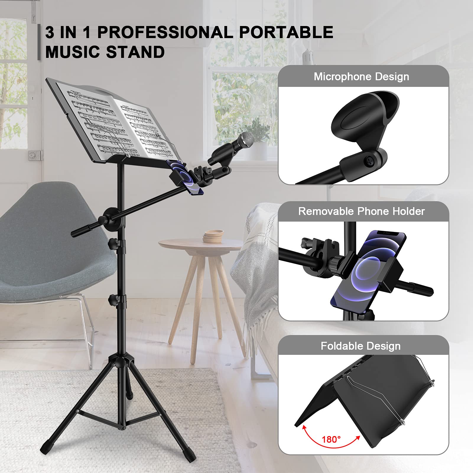 Sheet Music Stand - 3 IN 1 Professional Portable Music Stand with Folding Tray, Detachable Microphone Stand, Phone Holder and Carry Bag, Dual-Use Music Stand for Sheet Music & Projector Stand