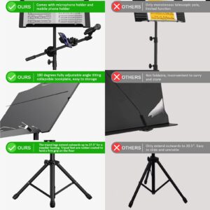 Sheet Music Stand - 3 IN 1 Professional Portable Music Stand with Folding Tray, Detachable Microphone Stand, Phone Holder and Carry Bag, Dual-Use Music Stand for Sheet Music & Projector Stand