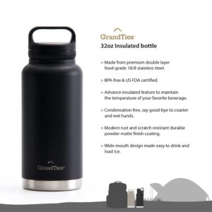 GRANDTIES 2 Lids Sports Stainless Steel Water Bottles – Wide Mouth Vacuum Insulated Reusable Leak Proof BPA-Free Travel Metal Canteen, Thermos Bottles for Men Women Gym (Midnight Black 32 oz)