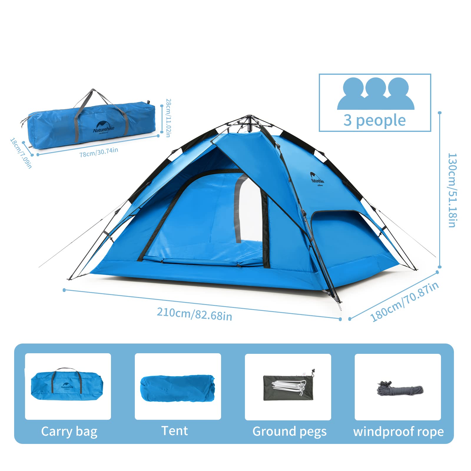 Naturehike Camping Tent, 3-4 Person Pop Up Tent for Camping, Easy Set up Instant Tent for Camping, 3 Person 4 Person Camping Tent