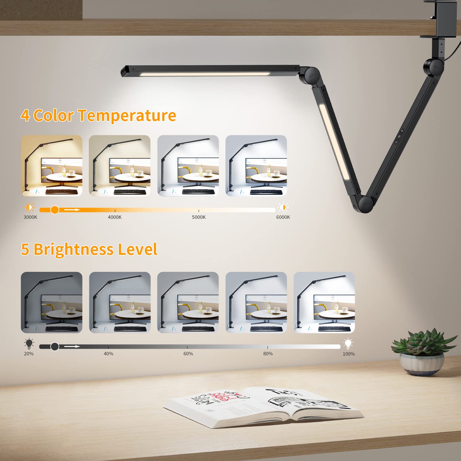 EppieBasic Led Desk Lamp with Clamp, Dual Light Swing Arm Architect Desk Light for Home Office, Dimmable & 4-Color Modes, 12W Eye-Care Office Lighting with Memory & Timer for Monitor Studios Reading