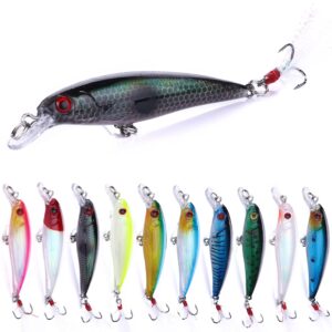 Minnow Lures,Fishing Lures for Bass,Fishing Tackle CrankBait Bass,Hard Bait Swimbait Fishing Lure,Topwater Lures for Trout Walleye Bass Freshwater/Saltwater Artificial Fishing Lure,10pcs/Box