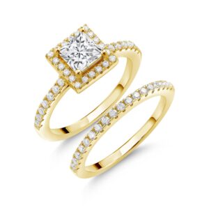 Gem Stone King 18K Yellow Gold Plated Silver White Moissanite Engagement Wedding Engagement Ring Band Bridal Set For Women (1.36 Cttw, Gemstone, Princess 5MM, Size 9)