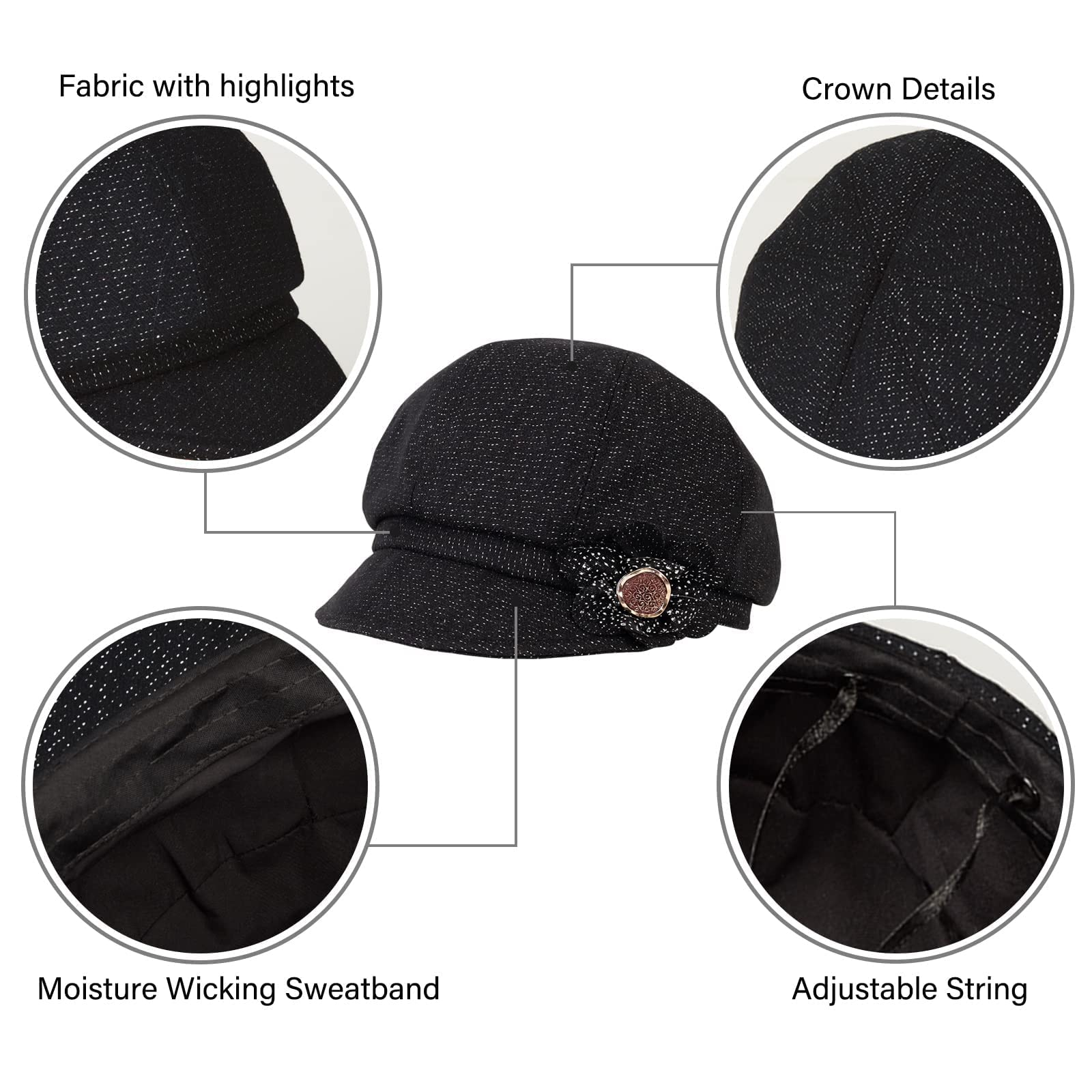 ColorSun Winter Classic Retro Visor Newsboy Cabbie Cap Beret Hats with Flower Buckle for Woman Ladies Black