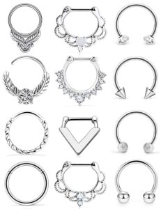 ylqjksk 12pcs 16g surgical steel piercing jewelry for women men, includes septum, helix, daith, rook, tragus, retainer, silver tone