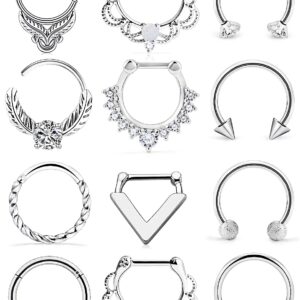 Ylqjksk 12PCS 16G Surgical Steel Piercing Jewelry for Women Men, Includes Septum, Helix, Daith, Rook, Tragus, Retainer, Silver Tone