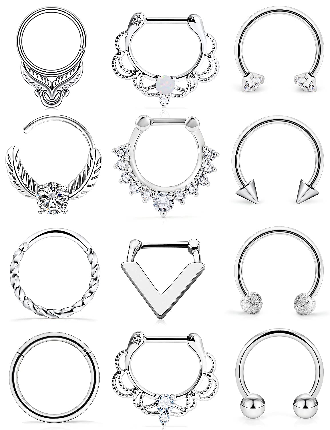 Ylqjksk 12PCS 16G Surgical Steel Piercing Jewelry for Women Men, Includes Septum, Helix, Daith, Rook, Tragus, Retainer, Silver Tone