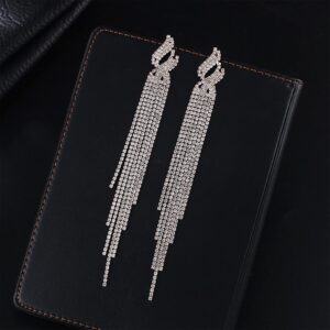 T-ztoss Extra Long fashion luxury tassel Rhinestone Earrings Silver Elegant Crystal Bridal Tassel Earrings Bling Dangle Earrings in Prom Party Wedding Jewelry Gift Sparkling sexy Chandelier eardrop