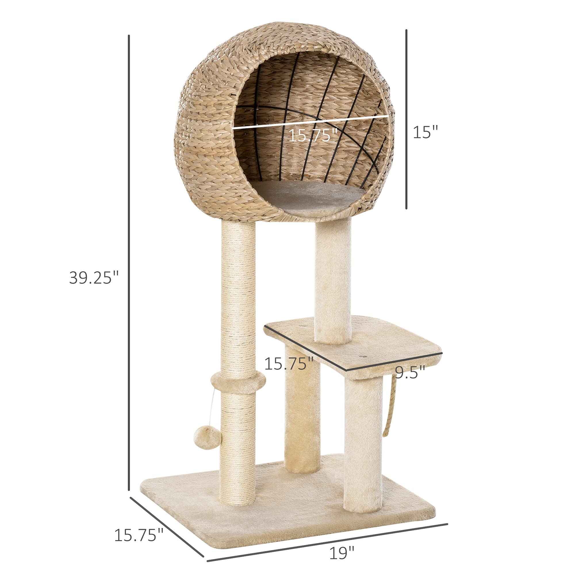 PawHut Cat Tree with Sisal Scratching Post Condo and Hanging Rope 39" H, Beige