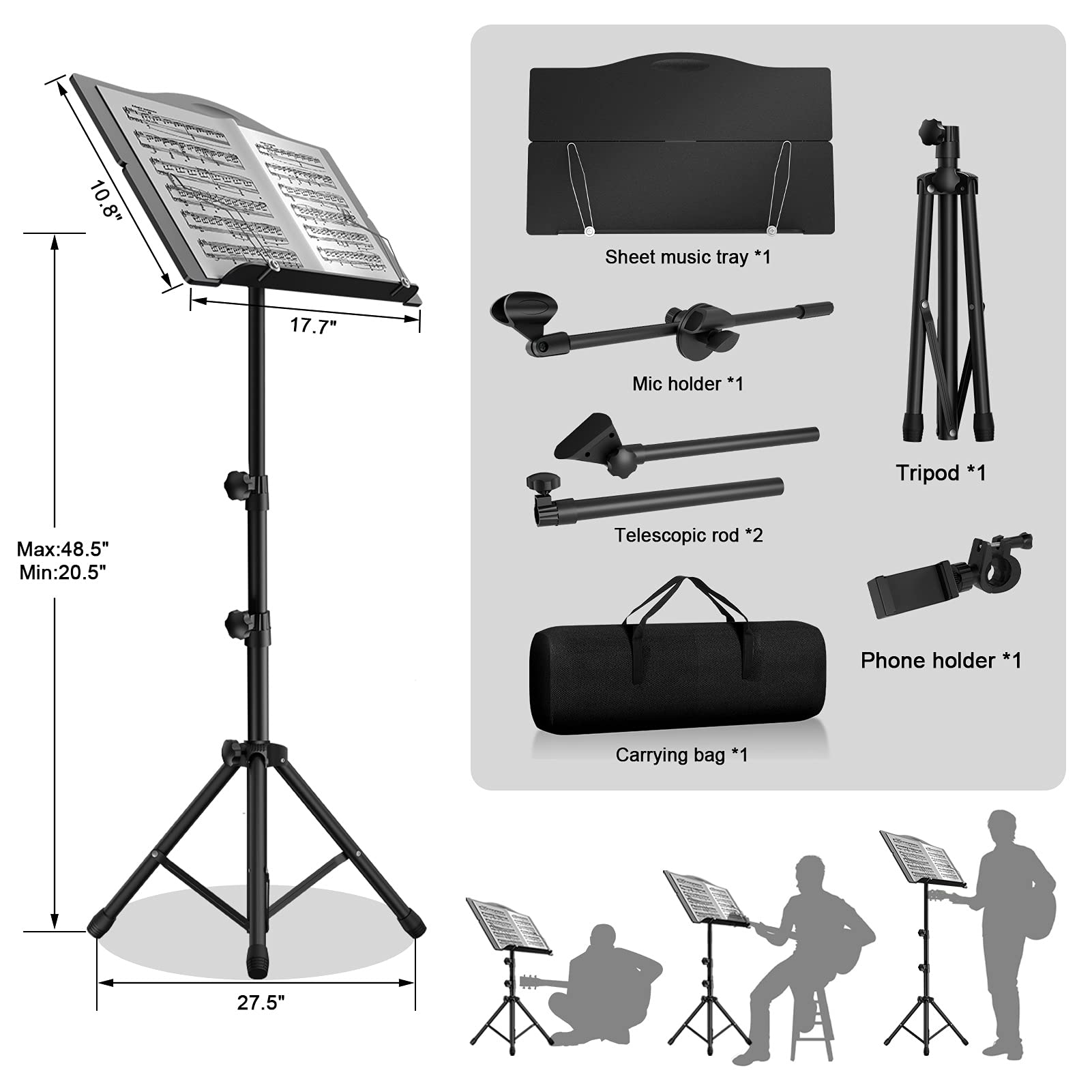 Sheet Music Stand - 3 IN 1 Professional Portable Music Stand with Folding Tray, Detachable Microphone Stand, Phone Holder and Carry Bag, Dual-Use Music Stand for Sheet Music & Projector Stand