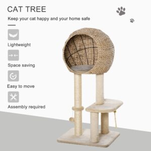 PawHut Cat Tree with Sisal Scratching Post Condo and Hanging Rope 39" H, Beige