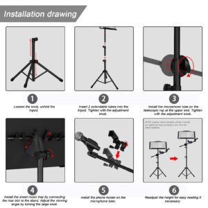 Sheet Music Stand - 3 IN 1 Professional Portable Music Stand with Folding Tray, Detachable Microphone Stand, Phone Holder and Carry Bag, Dual-Use Music Stand for Sheet Music & Projector Stand