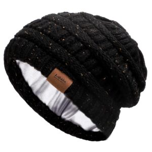 winter knitted satin lined hats for women slouchy cable beanie silky soft washed warm hat black