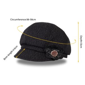 ColorSun Winter Classic Retro Visor Newsboy Cabbie Cap Beret Hats with Flower Buckle for Woman Ladies Black