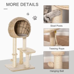 PawHut Cat Tree with Sisal Scratching Post Condo and Hanging Rope 39" H, Beige