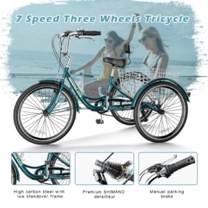 NAIZEA Adult Tricycle, 7 Speed Three Wheel Cruiser Bike, 20/24/26 inch Adult Trikes 3 Wheel Bikes with Large Basket for Seniors, Adults, Women, Men, Multiple Colors