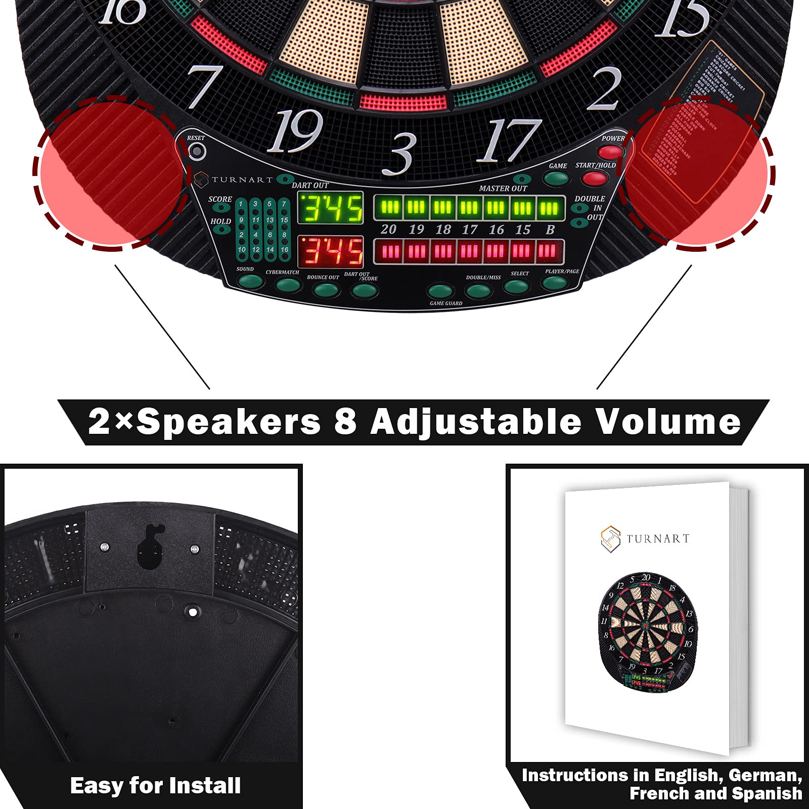 Electronic Dart Board - Dart Board Electronic Scoreboard for 16 Players - 6 Darts Plastic Tips 50 Soft Tips LED Display Power Adapter Throw Line