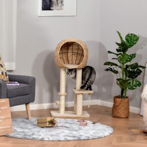 PawHut Cat Tree with Sisal Scratching Post Condo and Hanging Rope 39" H, Beige