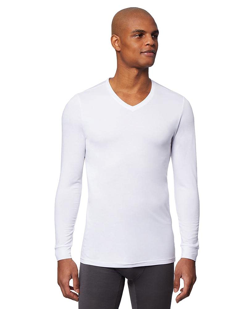 32 DEGREES Mens Heat Performance Thermal Baselayer Vneck Long Sleeve Top, White, Large