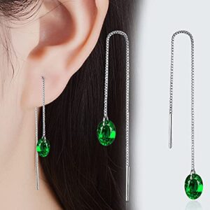 Sterling Silver Drop Earrings Colorful Droplet Dangle Threader Earrings for Women-Green