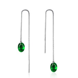 Sterling Silver Drop Earrings Colorful Droplet Dangle Threader Earrings for Women-Green