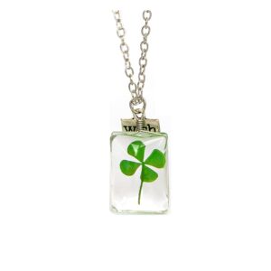 Dried Leaves Lucky 4-Leaf Clover Sunflower Pendant Necklace St. Patrick's Day Square round Glass Love and Luck Plant Jewelry for Women Gift-Clover