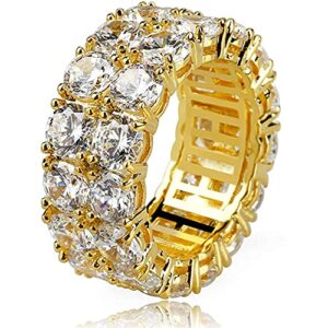 Apzzic 9mm Iced Out 2 Row Cubic Zirconia Diamond Gold Plated Hip Hop Eternity Wedding Band Engagement Ring for Men Women Gold 9