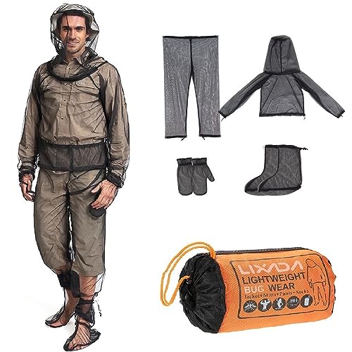 LIXADA Mesh Suit Set with Jacket Hood, Mitts, Socks & Storage Sack - Ultra-fine Net Mesh Clothing for Fishing Hiking Camping