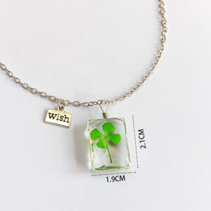 Dried Leaves Lucky 4-Leaf Clover Sunflower Pendant Necklace St. Patrick's Day Square round Glass Love and Luck Plant Jewelry for Women Gift-Clover