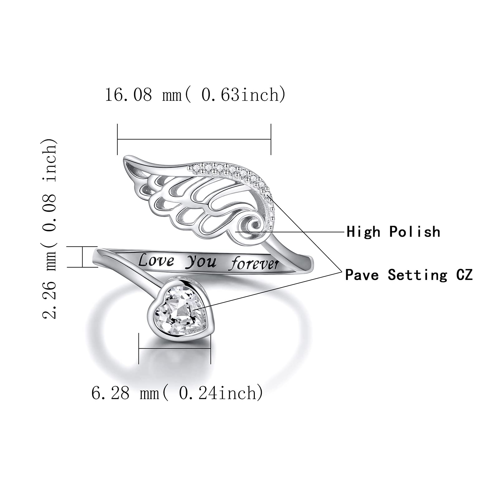 Birthstone Wing Rings Sterling Silver Adjustable Feather Heart Month Stone Wrap Ring Jewelry Gift for Women Engrave Love you forever (Apr)