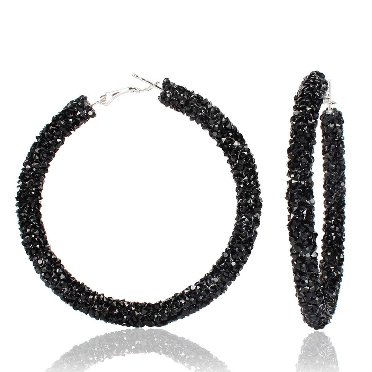 Bohemian Sparkle Resin Rhinestone Wrapped Big Hoop Dangle Earrings Circle Jewelry for Women-Black