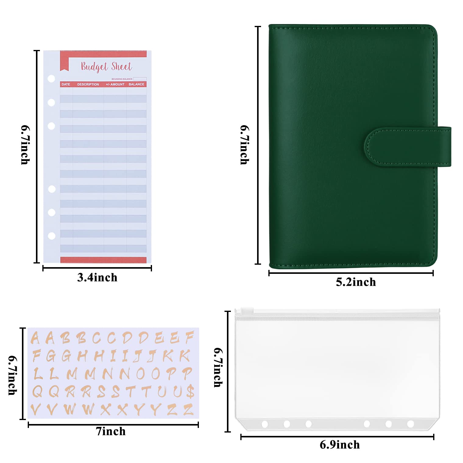 Antner A6 Budget Binder with Cash Envelopes, 8PCS Binder Pockets, 12PCS Expense Budget Sheets, A6 6-Ring Money Saving Binder Planner Organizer with Letter Stickers for Cash Budgeting, Dark Green